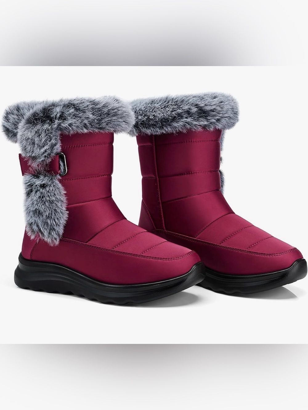 Women's Winter Snow Boots - Burgundy with Gray Faux-Fur Trim